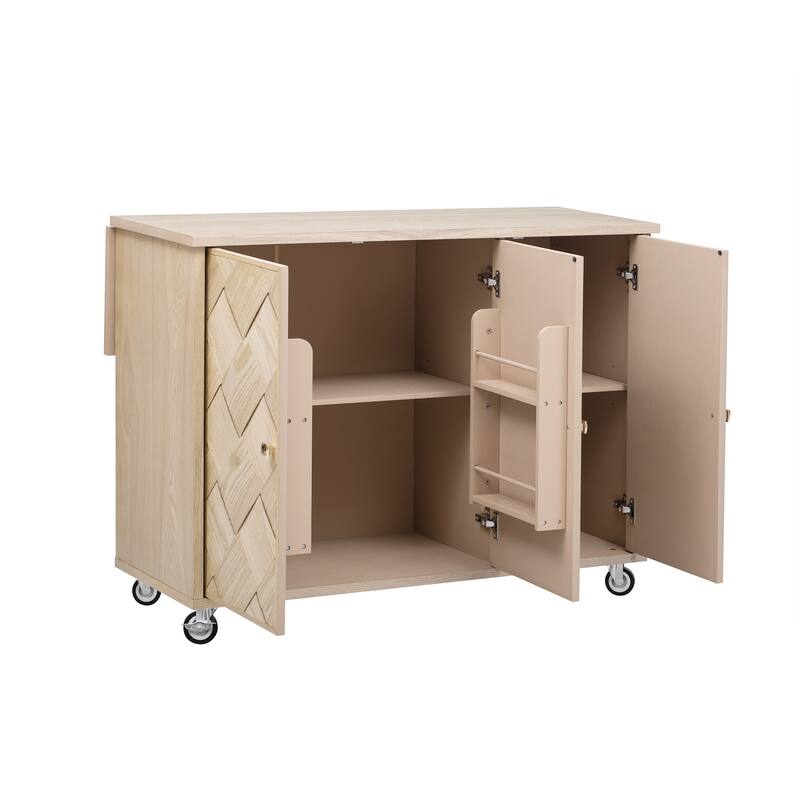 Solid Wood Handwoven Kitchen Island, Kitchen Island Cart on Wheels, Rolling Island Cart with Drop Leaf & Internal Storage Rack