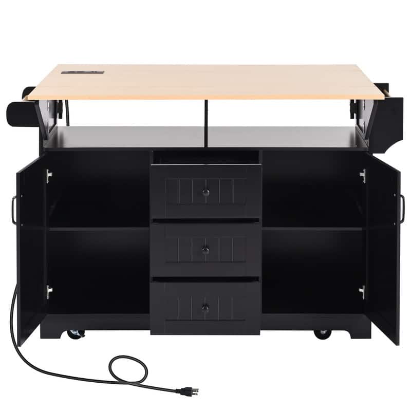55.7" Rolling Kitchen Island with 2 Drop Leaf Power Outlet Spice Rack and 3 Drawers