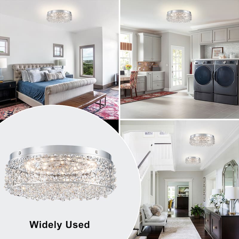 LED Flush Mount Ceiling Light with Stainless Steel Shade and Crystal - Dia.14.17-in