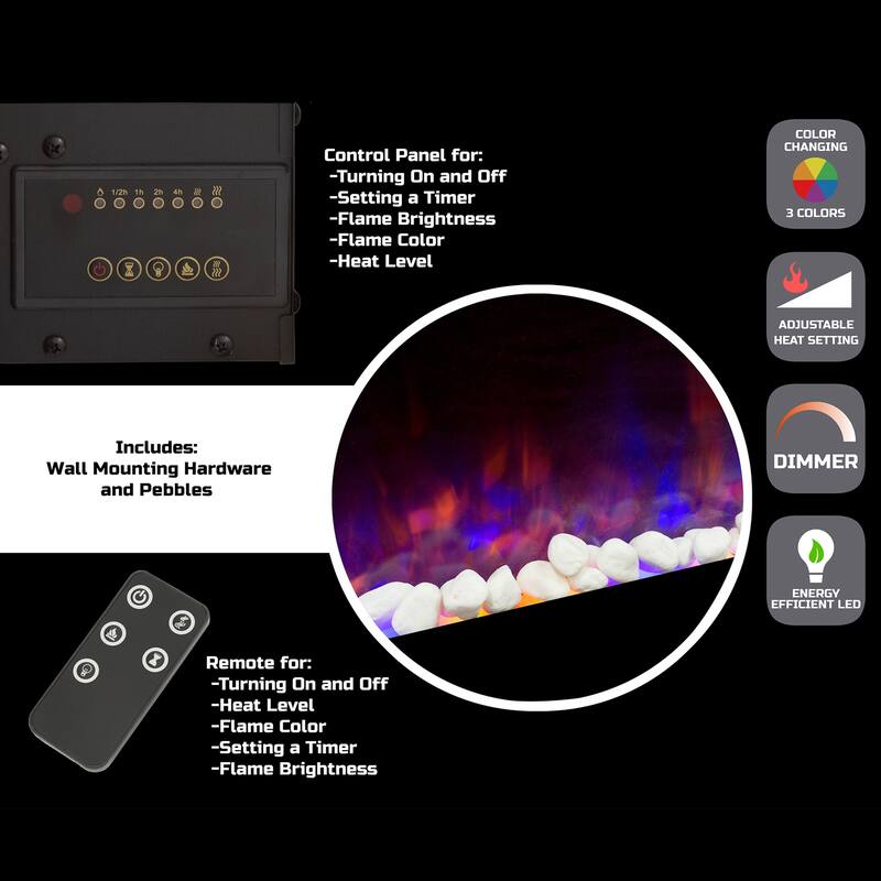 Hastings Home 54” Electric Fireplace- Wall Mount, Front Vent, LED Flame Technology & Remote Control - 54” x 20” x 4.75”