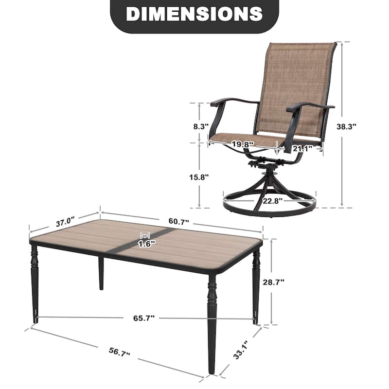 Patio Textilene Dining Table Set of 7 with Umbrella Hole and Swivel Chairs
