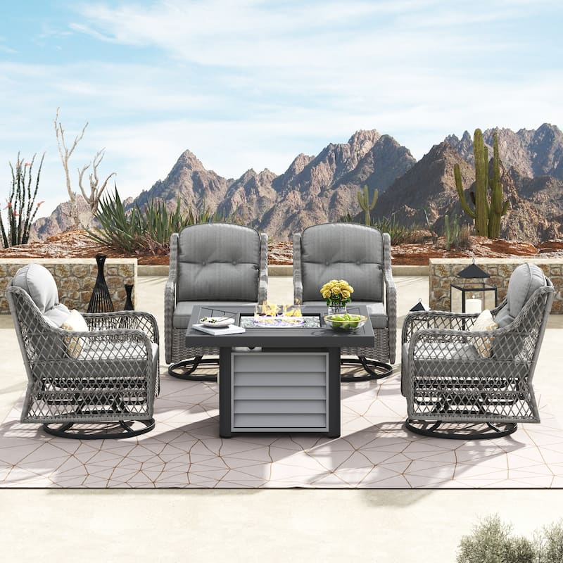 Corvus Vasconia 5pc Outdoor Resin Wicker Swivel Chat Set with Fire table