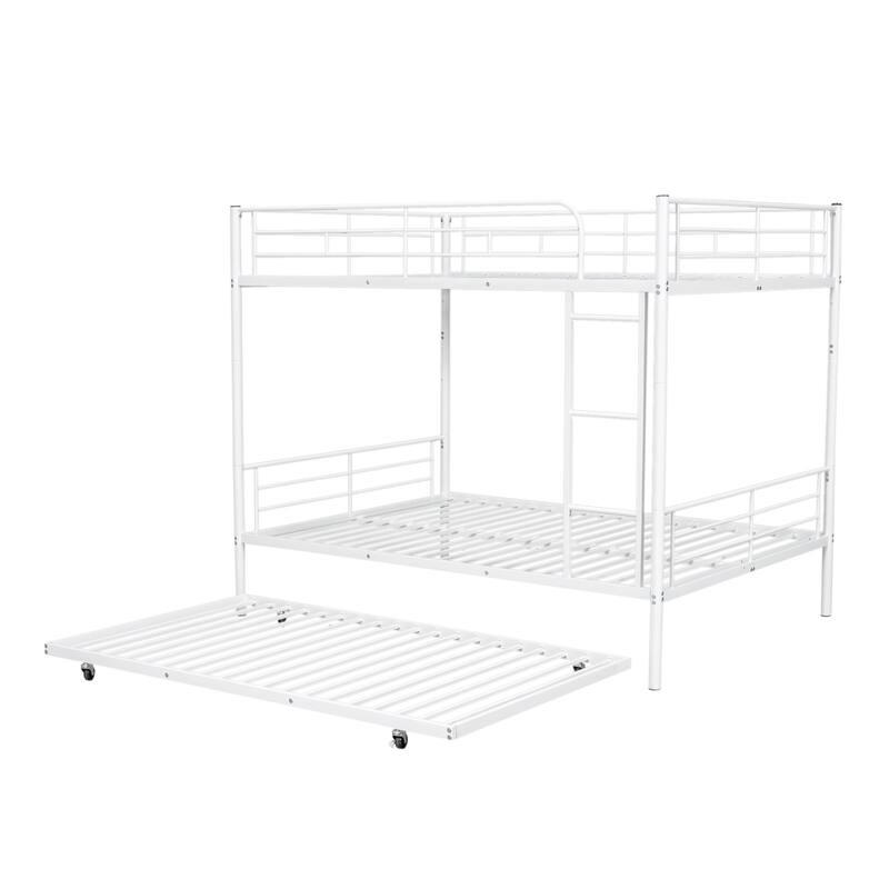 Full Over Full Metal Bunk Bed with Trundle in White, Black or Silver - Sturdy Iron Frame, Space-Saving Design