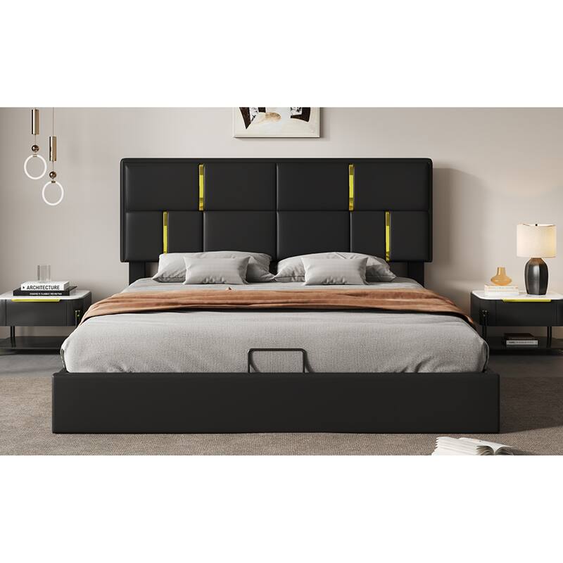 Roomfitters Queen Upholstered Platform Bed with Hydraulic Storage Lift, Modern Bed Frame, No Box Spring Required