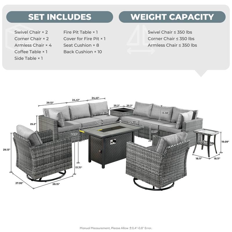 HOOOWOOO 11-piece Rattan Wicker Outdoor Furniture Set Swivel Chairs with Fire Pit