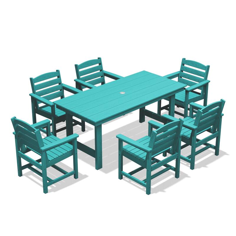 7-Piece HDPE Outdoor Dining Table Sets with Umbrella Hole - 1-Table 6-Chairs