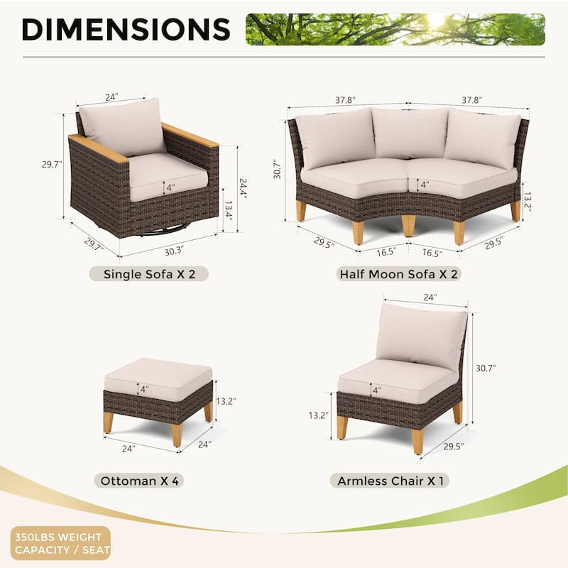 10 Piece Patio Wicker Rattan Furniture Set, Half-Moon Rattan Conversation sets with 2 X Swivel Chair Sofa and Firepit Table