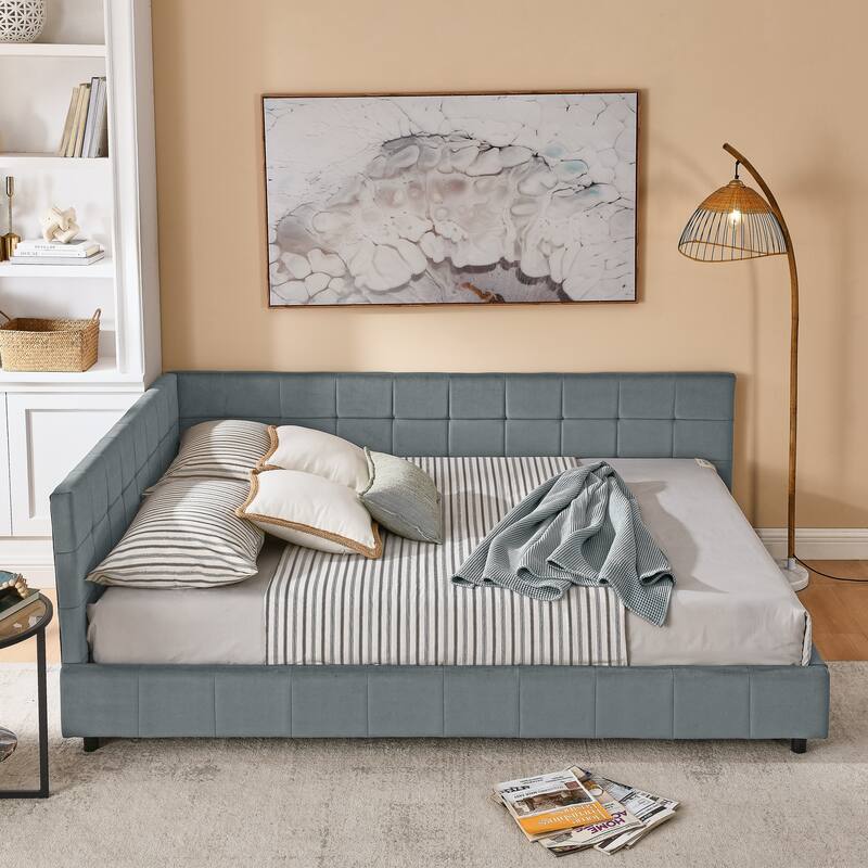 L-shaped Velvet Upholstered Daybed Tufted Sofa Bed with Soft Backrest Armrests - and Optional Corner Storage Day Bed - Grey - Queen