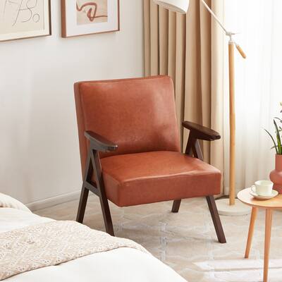 HUIMO PU-Leather Accent Chair Orange Solid Wooden Mid Century Armchair for Living Room, Bedroom