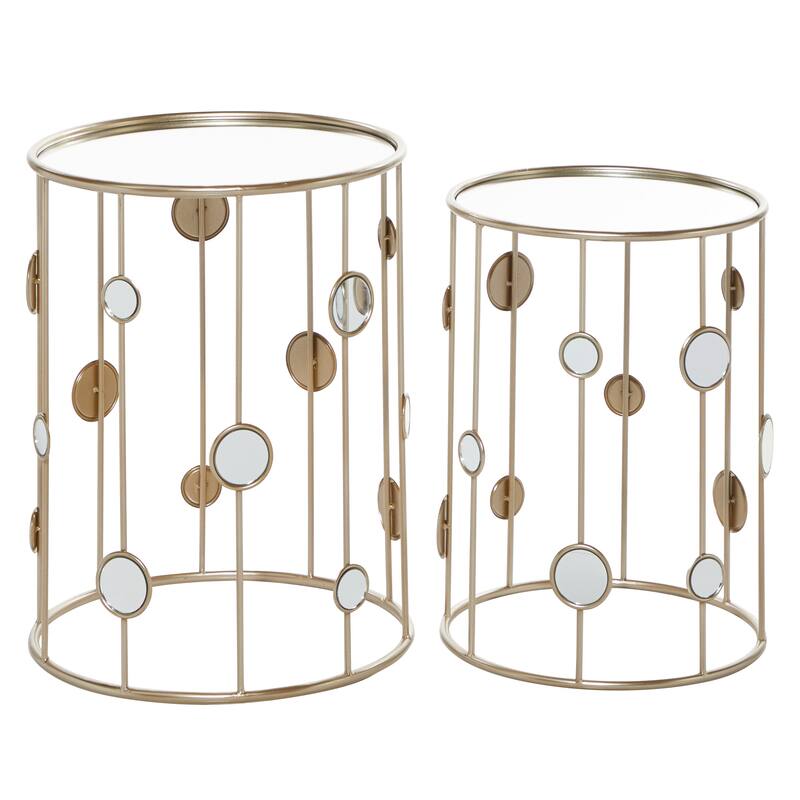 Gold Metal Open Frame Accent Table with Mirrored Glass Top and Circular Accents (Set of 2)