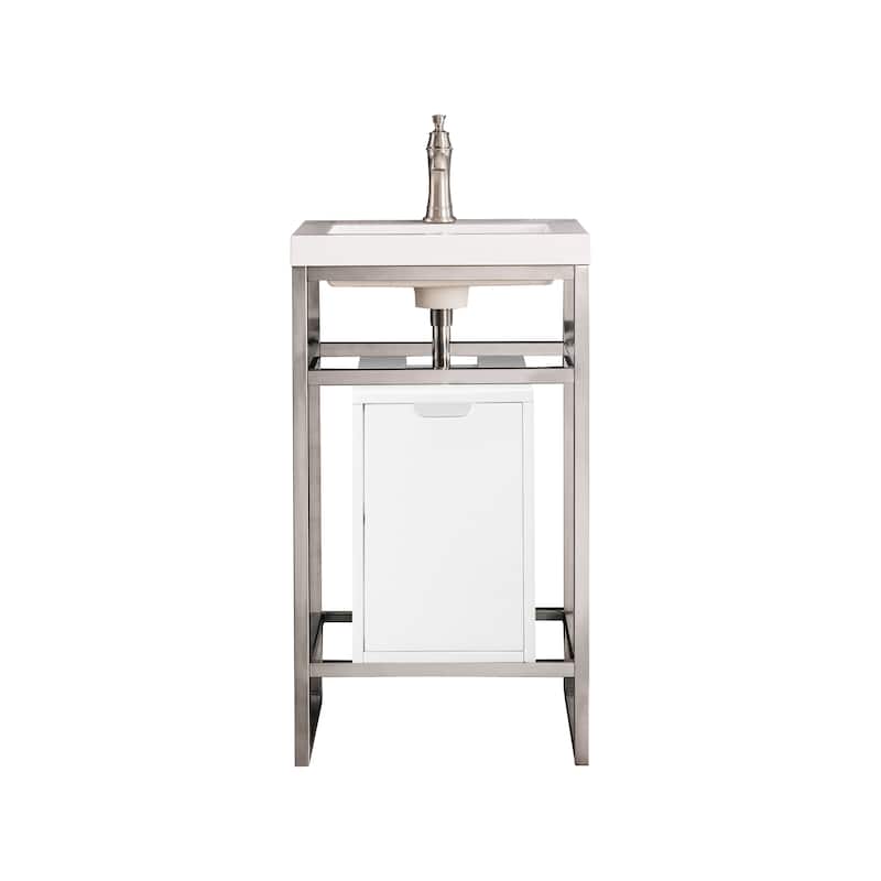 James Martin Vanities Boston 20" Stainless Steel Sink Console, Brushed Nickel w/ White Glossy Composite Stone Top - Glossy White Storage Cabinet