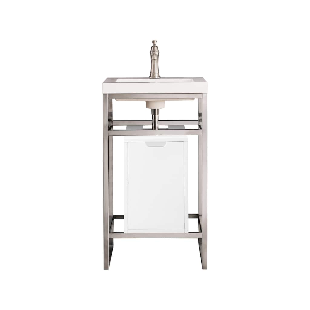 James Martin Vanities Boston 20" Stainless Steel Sink Console, Brushed Nickel w/ White Glossy Composite Stone Top