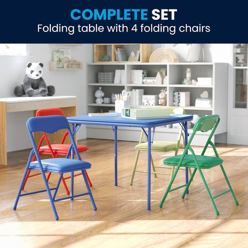 Kids 5-Piece Classroom Folding Table and Chairs Set - Blue (Blue/Red/Green/Yellow Chairs)