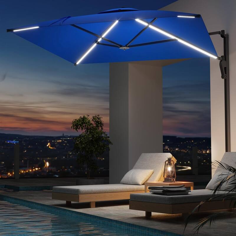AECOJOY 10ft Solar LED Wall Mounted Outdoor Patio Umbrella, Rectangular Large Offset Cantilever Umbrellas with 180° Rotation