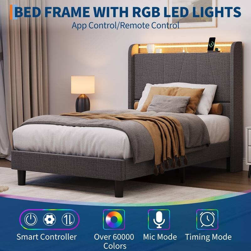 Upholstered Platform Bed with Charging Ports & LED Lights