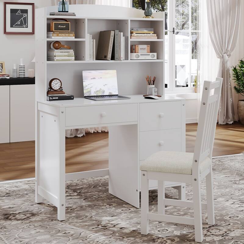 40" Vintage Home Set with Executive Desk and Upholstered Chair, 4 Drawers - White