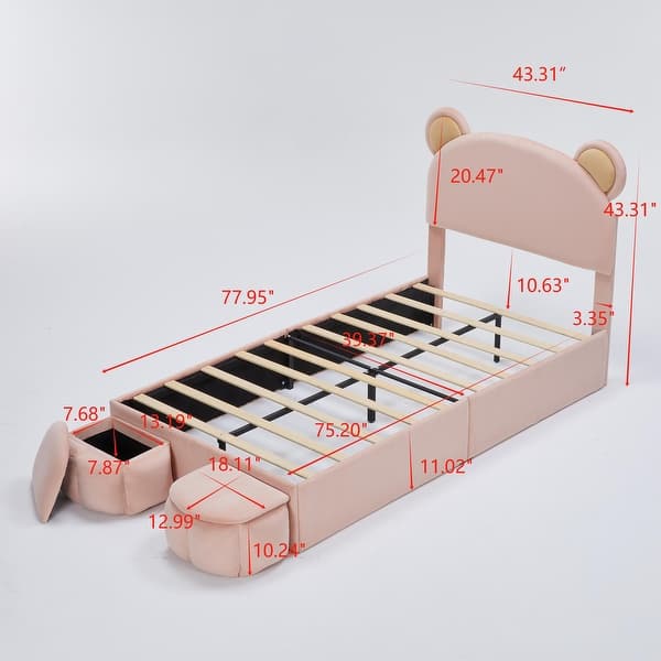 Twin Size Upholstered Bed Frame with Bear Ears Headboard, Platform Design with Extra Storage