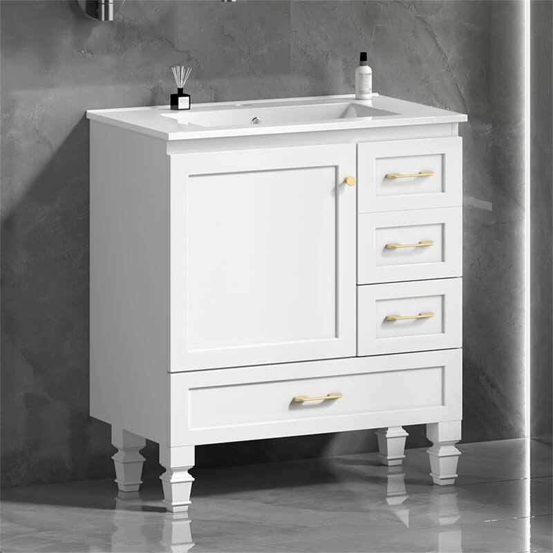 30" Bathroom Vanity with 1 Soft Close Doors and 3 Drawers - White