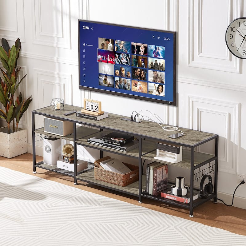 VECELO Wood TV Stand with Charging Station with Metal Frame, Storage Shelves Entertainment Center TV Cabinet