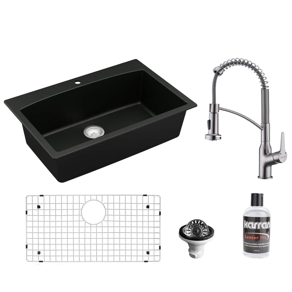 Karran All in One Drop-In Quartz Composite 33 in. Single Bowl Kitchen Sink in Black with Faucet KKF210 in Stainless Steel