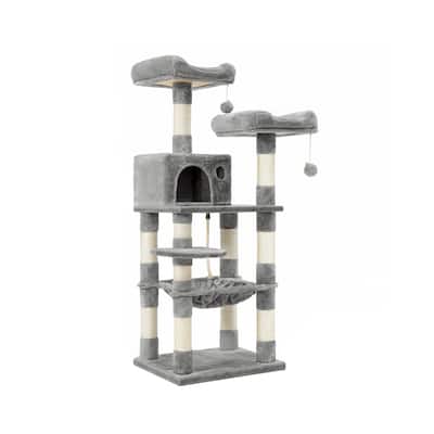 Grey Multi-Level Cat Tree with Sisal-Covered Scratching Posts and Hammock