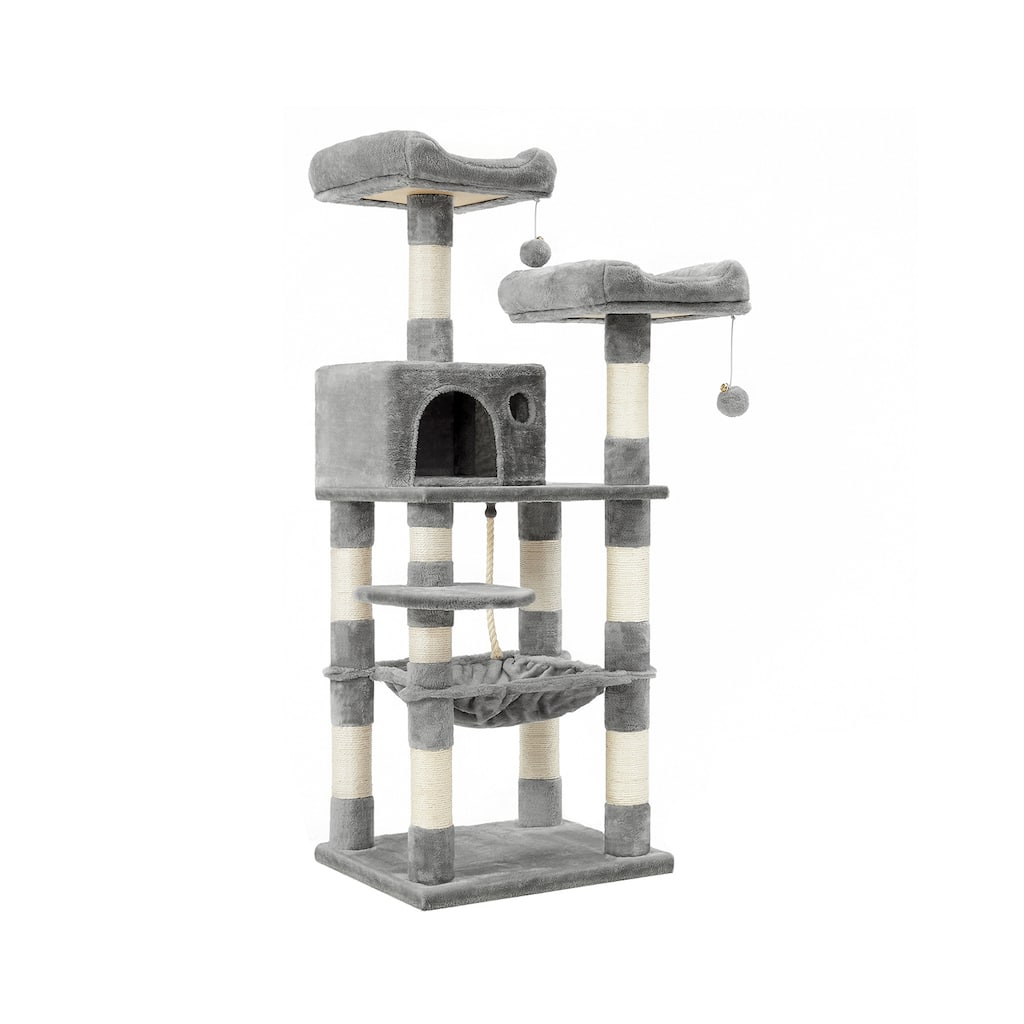 Grey Multi-Level Cat Tree with Sisal-Covered Scratching Posts and Hammock