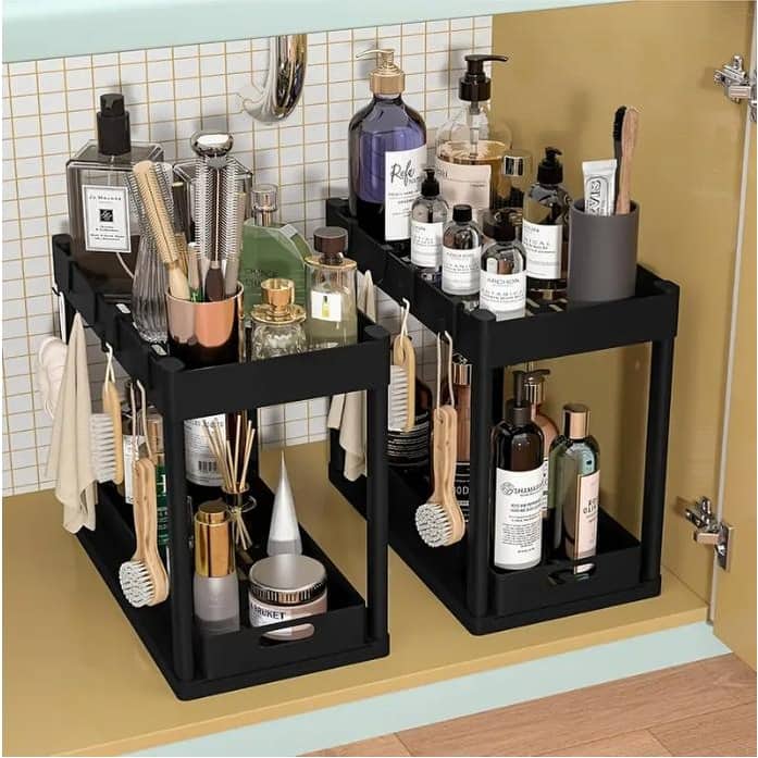 Anmytek 2 Tier Rustproof Under Sink Organizer Extendable Pull Out Storage Shelf for Kitchen Bathroom Cabinet