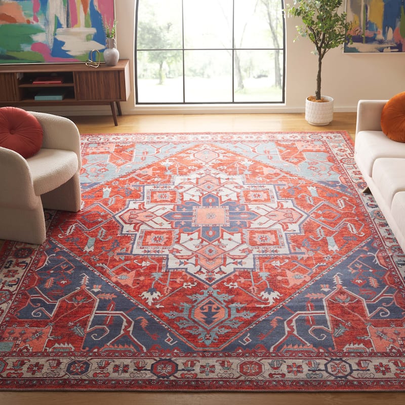 SAFAVIEH Serapi Lillis Traditional Machine Washable Cotton Rug - 9' x 12' - Rust/Blue