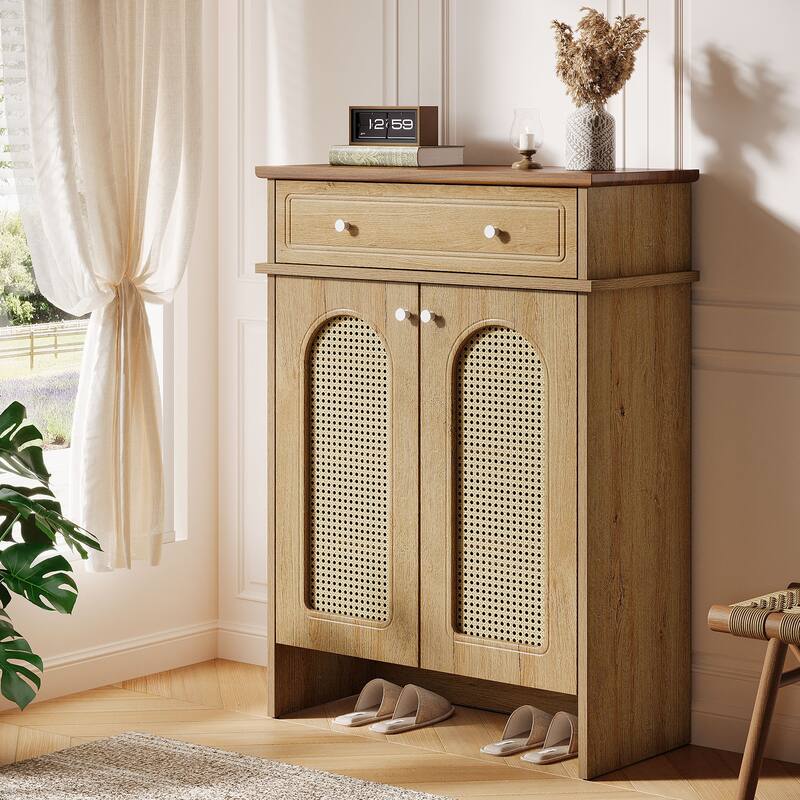 Shoe Cabinet with Doors, 6-Tier Shoe Rack with Drawer, Adjustable Shelves - Natural