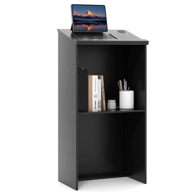 Wooden Speaking Lectern Floor Standing Podium w/ Adjustable Shelf - Black