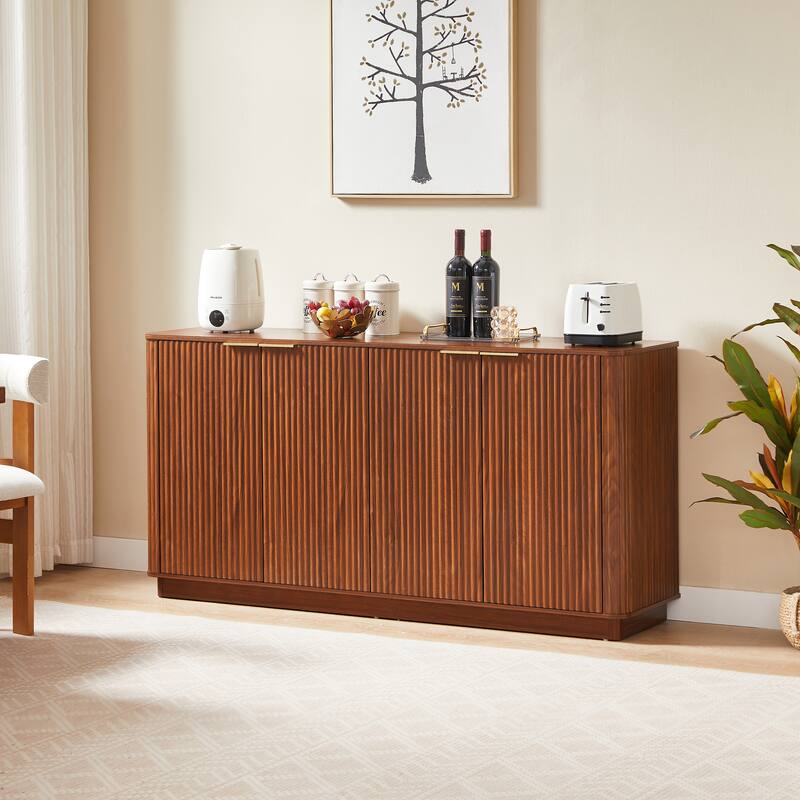 Anmytek Mid-Century Modern Sideboard with Fluted Detailing and Gold Handles in Walnut Finish