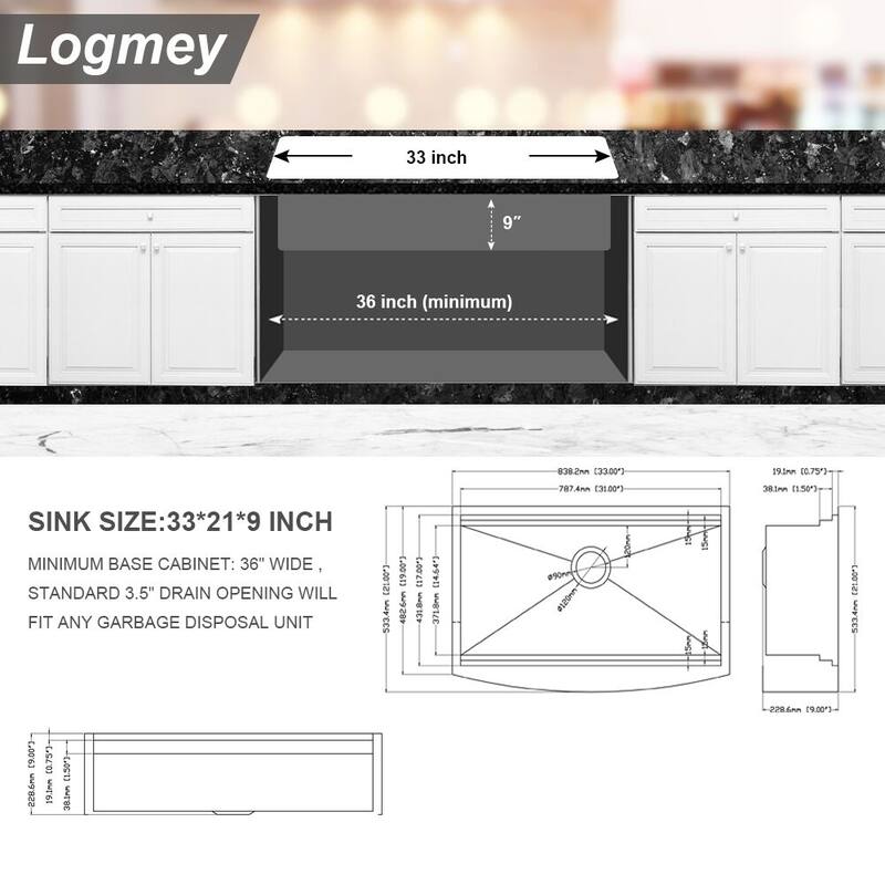 Lordear 33/30/36 inch Farmhouse Kitchen Sink Workstation Single Bowl Stainless Steel Sink Basin