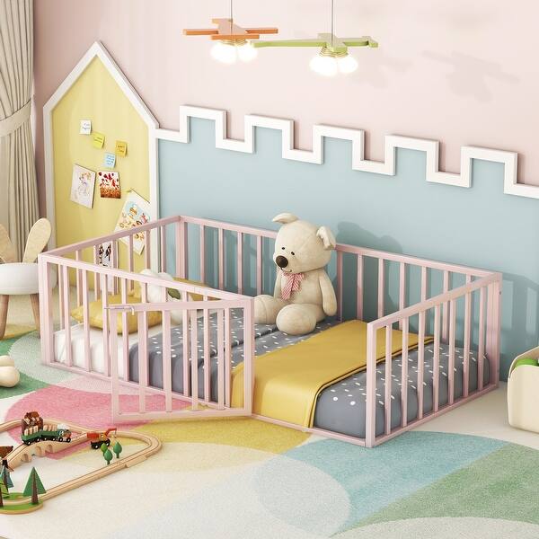 slide 2 of 10, Twin Size Metal Floor Bed Frame with Circular Fence and Door for Creative and Safe Children's Spaces Pink