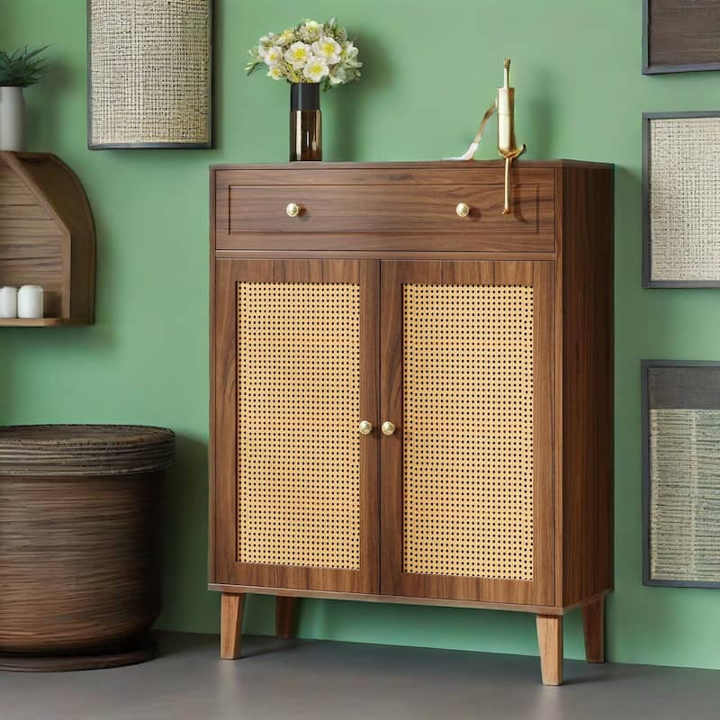 Modern Shoe Cabinet with Adjustable Shelves and Drawer Rattan Panels for Entryway Storage - 31.49”L x 15.74”W x 43.3”H - Brown