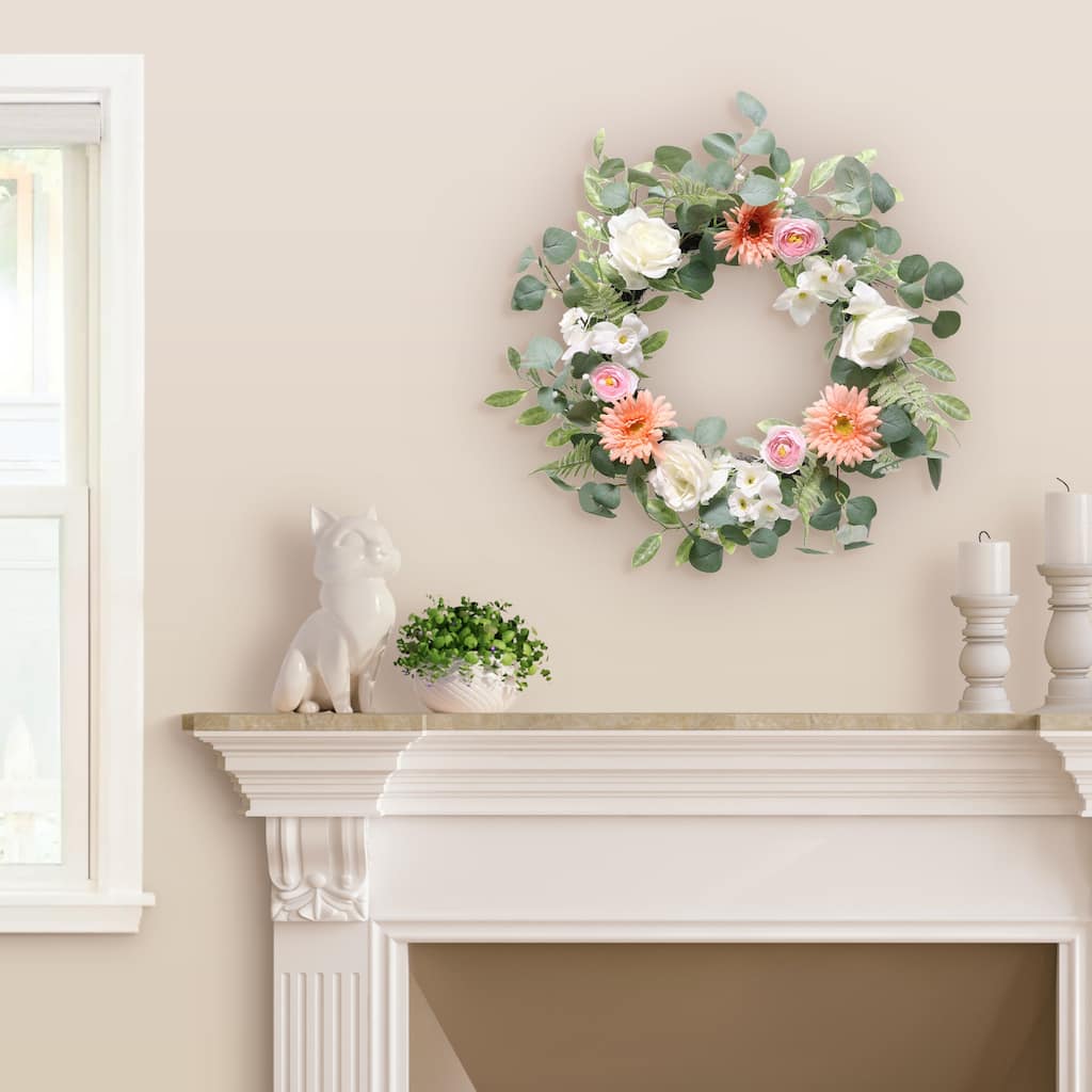 Chrysanthemum Rose and Ranunculus Floral Artificial Spring Wreath - 24"