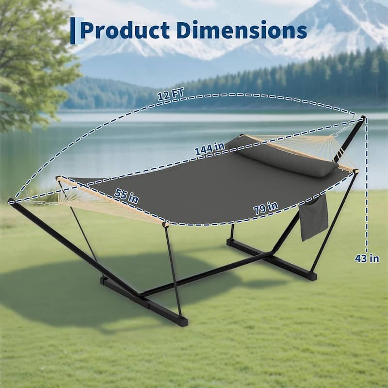Heavy Duty Portable Double Hammock with Stand for Outdoor Patio, Garden, Beach, Backyard