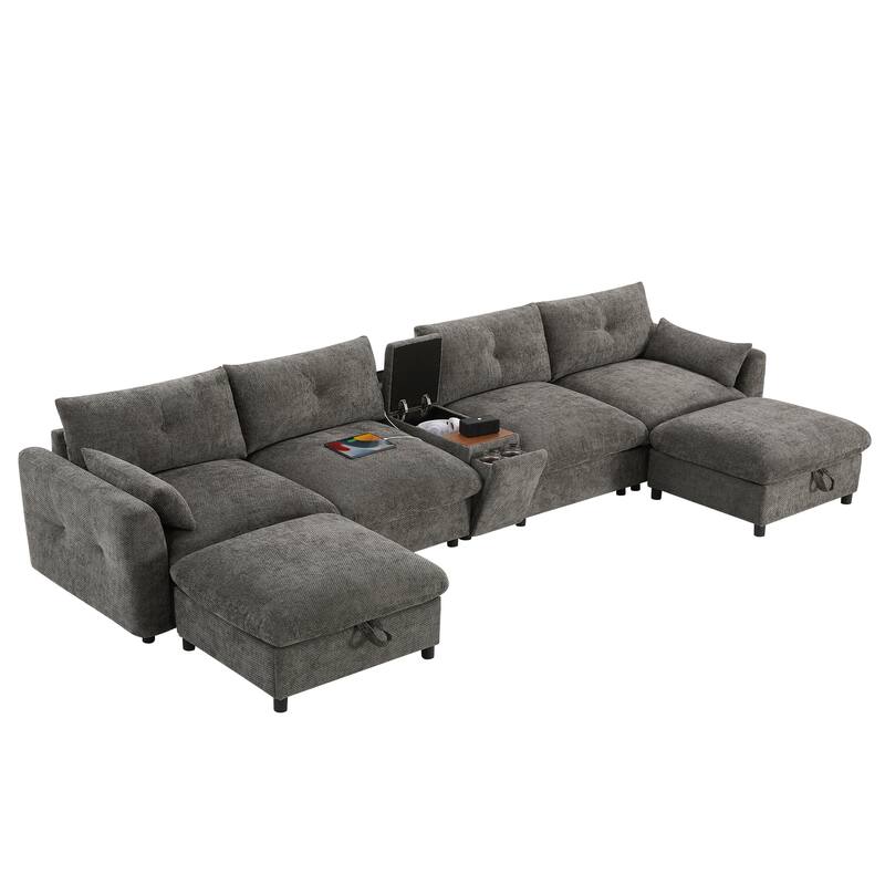 Roomfitters 136'' Modular U-Shaped Sectional Sofa with Console, Cup Holder, USB, Storage Ottoman, Chenille