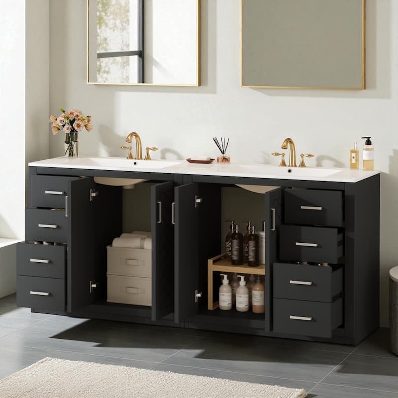 72" Solid Wood Bathroom Vanity with Dual Ceramic Sinks, Freestanding Double Sink Cabinet with Drawers and Soft-Closing Doors