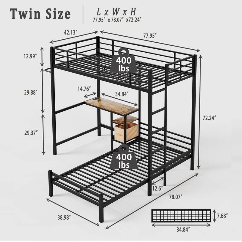 Bunk Bed, Twin Over Twin with L-Shaped Desk, Storage Shelves & Drawers, Safety Guardrail & Ladder, Ambient Lighting