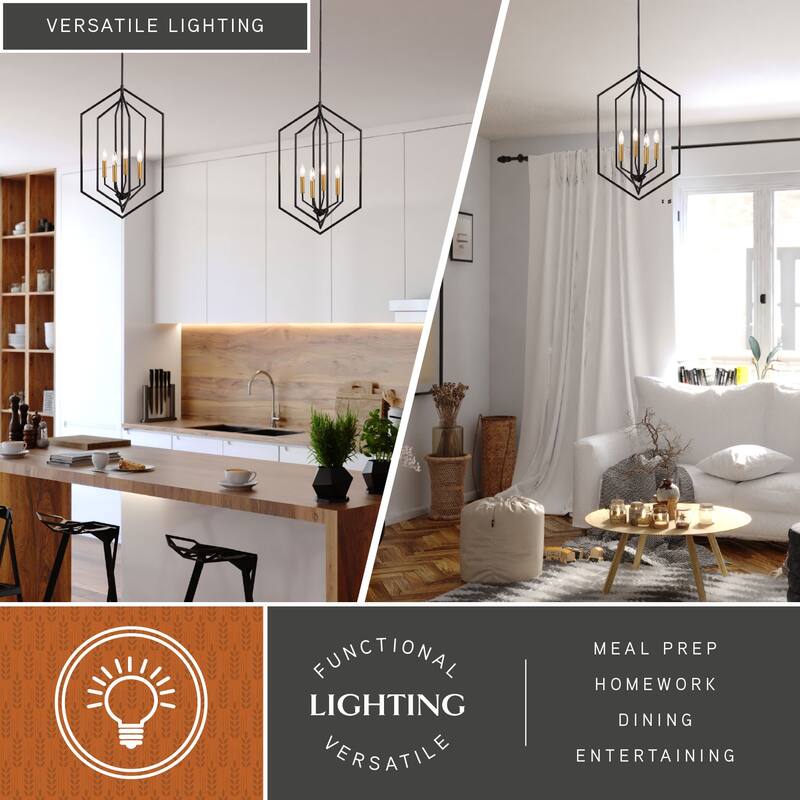 Riley 4 Light Black and Satin Brass Contemporary Geometric Cage Pendant Light - 18-in W x 28.75-in H x 18-in D