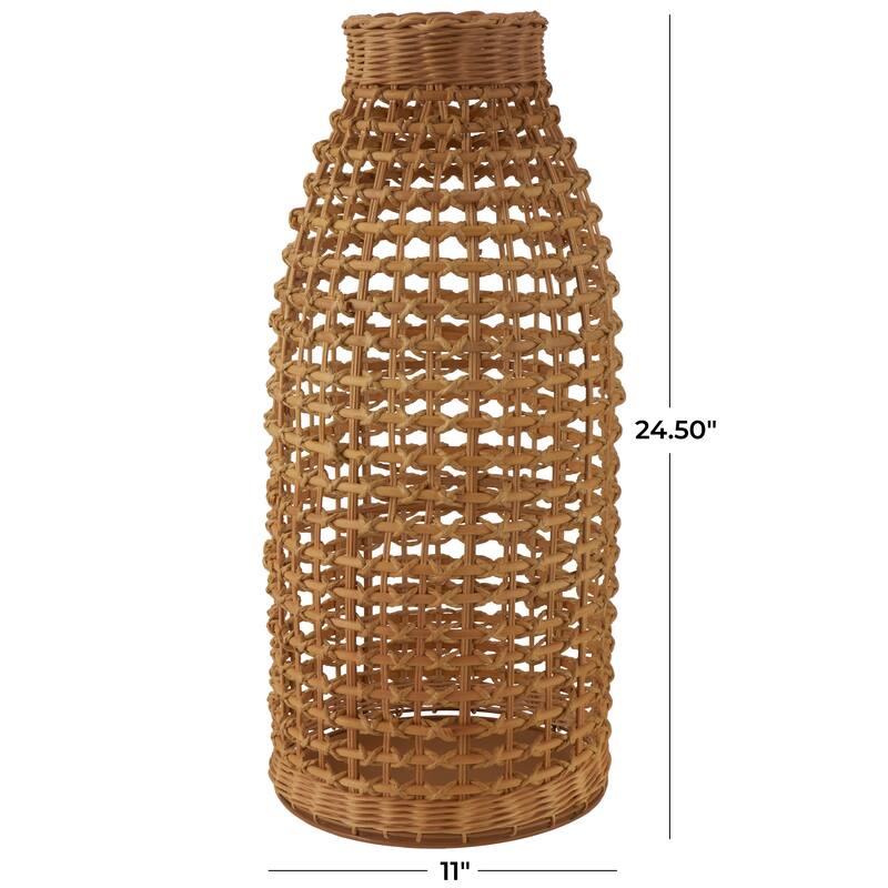 Brown Rattan Handmade Woven Vase with Open Framed Grid Design