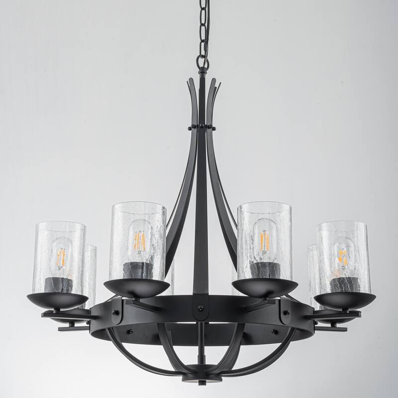 8-Light Industrial Wagon-Wheel Chandelier with Clear Cracked Glass Shades in Matte Black - 28 in. W x 28 in. H