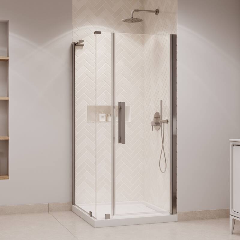 OVE Decors Pasadena Corner Frameless Pivot Shower Door Kit with Base Pan, 2025 - 36" - Satin Nickel
