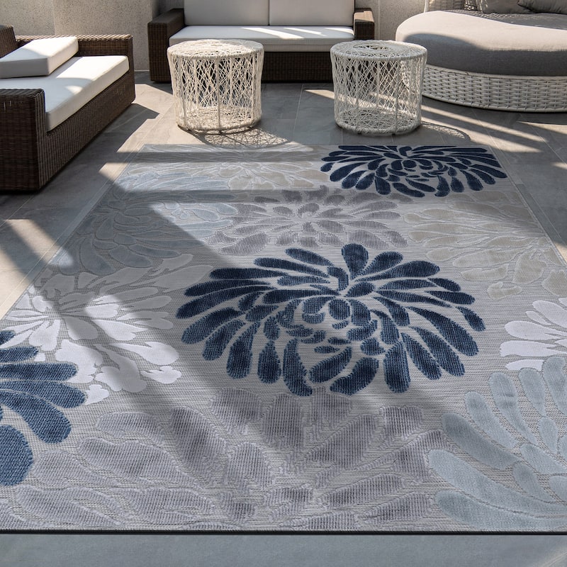 VILLADECOR Floral Indoor Outdoor Area Rug Low High Pile Rugs For Patio - 9' x 12' - Blue / Gray