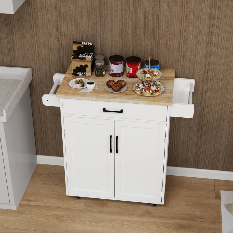 Anmytek Rolling Kitchen Island Cart Rubber Wood Top 1 Drawer 2 Doors Adjustable Shelves Towel Rack Seasoning Rack