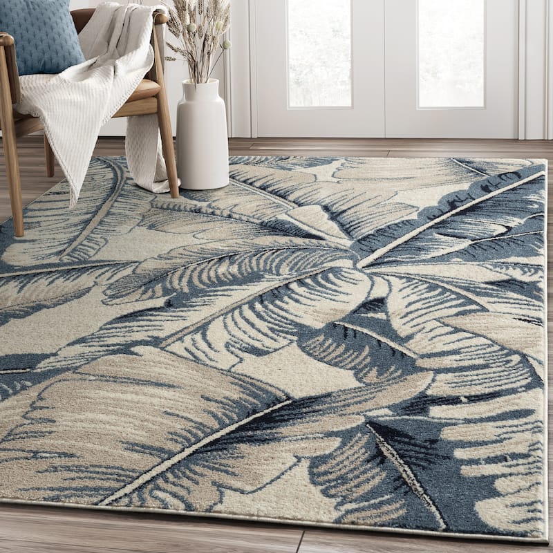 Abani Rugs Sedona SED220A Tropical Leaf Blue Beige Area Rug - 7'9" X 10'2" - Blue