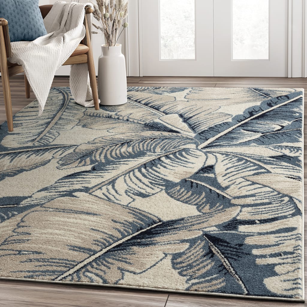 Abani Rugs Sedona SED220A Tropical Leaf Blue Beige Area Rug