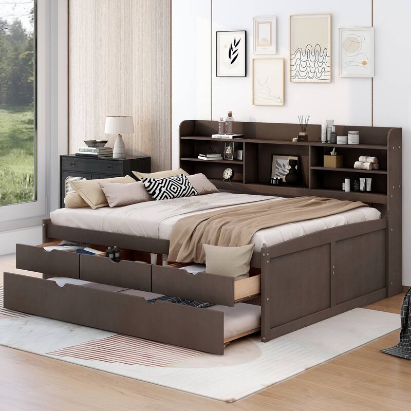 Wooden Captain Bed Platform Bed Frame with Rectangular Storage Headboard Built-in Bookshelves, 3 Storage Drawers and Trundle - Brown - Full