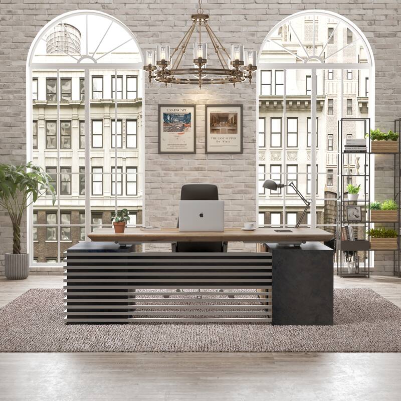 Adjustable L-Shaped Executive Desk with Outlets File Cabinets 3 Drawers Custom Size & Color