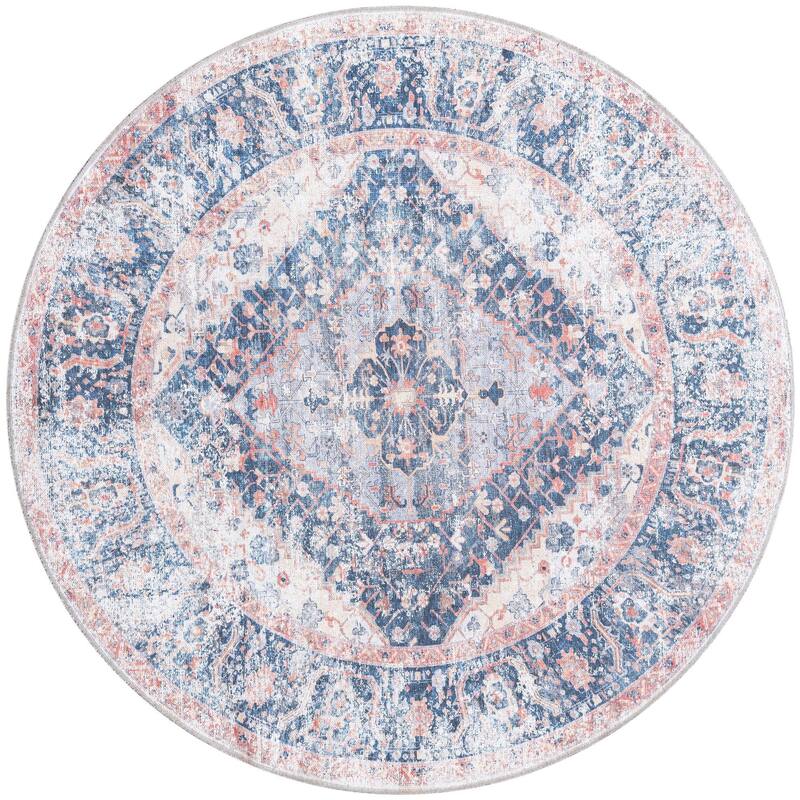 Traditional Tira Collection Area Rug - 6' Round - Navy Blue